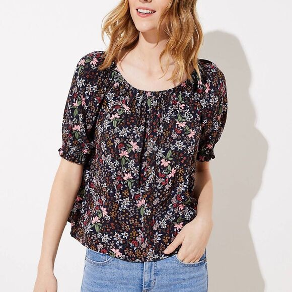 Loft Black Pink Red Orange Floral Print Garden Smocked Peasant Top Large - Picture 1 of 7